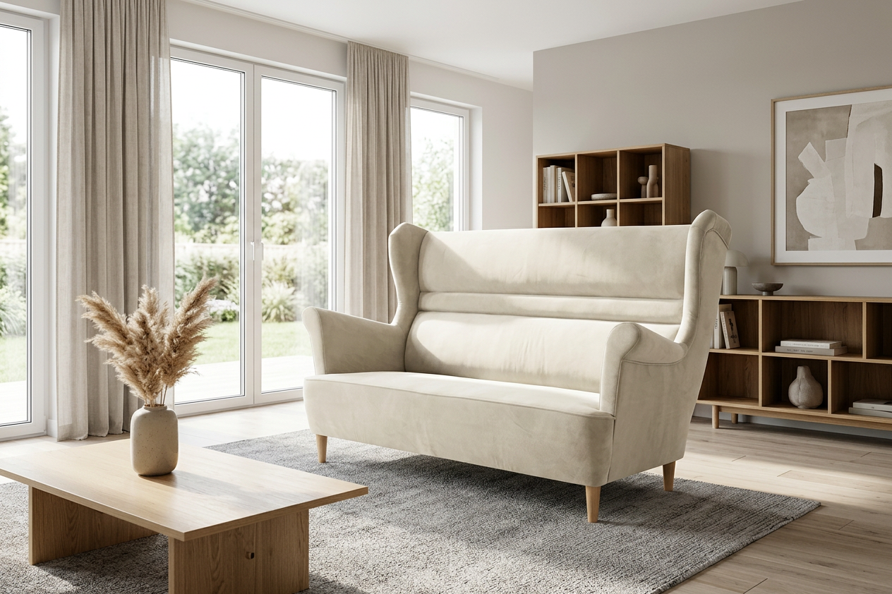 Sofa Kanapa Uszak Skandynawska beżowa nowoczesna aksamit Zoja Family Meble — komfort