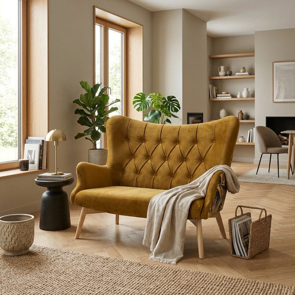 Sofa Kanapa Uszak Skandynawska żółta monstera welur Luna Print Family Meble — komfort