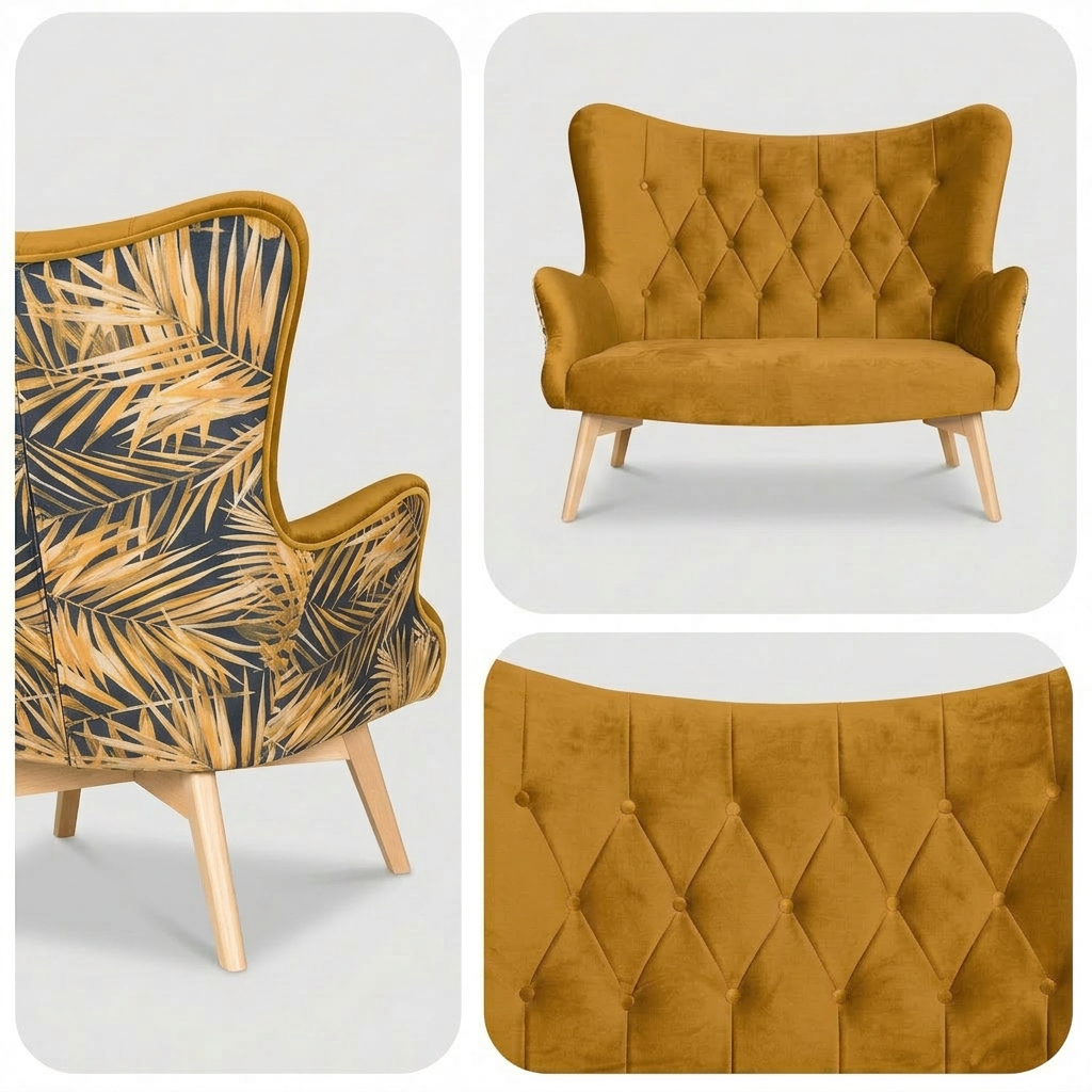 Sofa Kanapa Uszak Skandynawska żółta monstera welur Luna Print Family Meble — detale