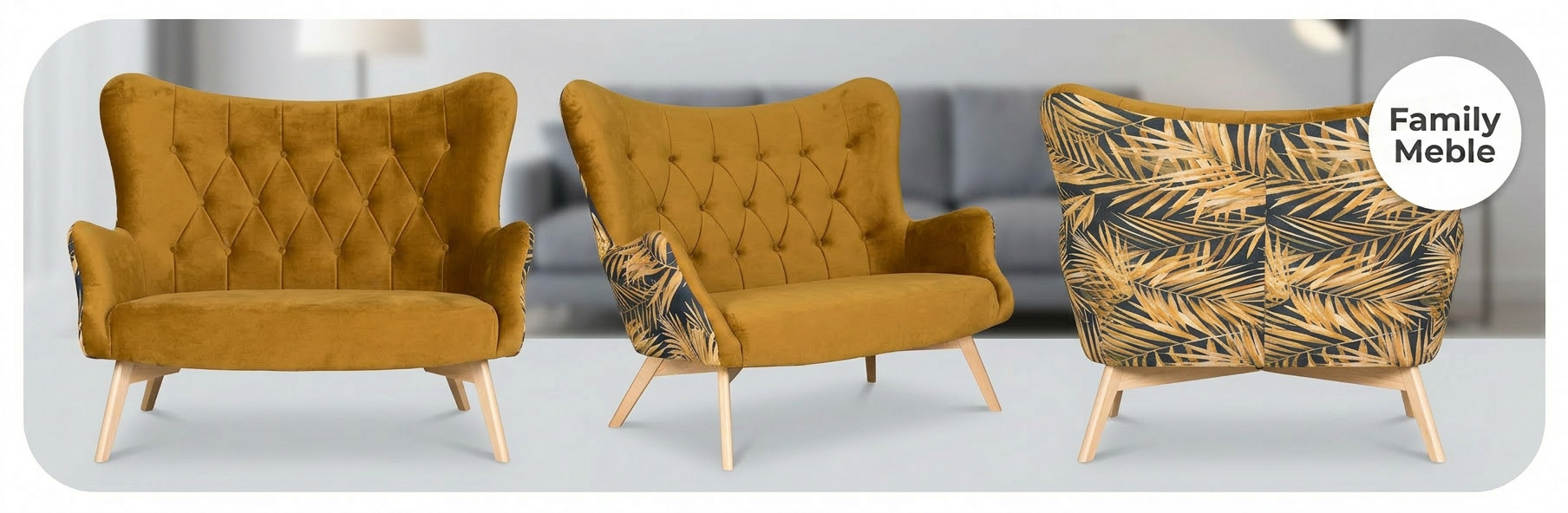 Sofa Kanapa Uszak Skandynawska żółta monstera welur Luna Print Family Meble — widoki produktu