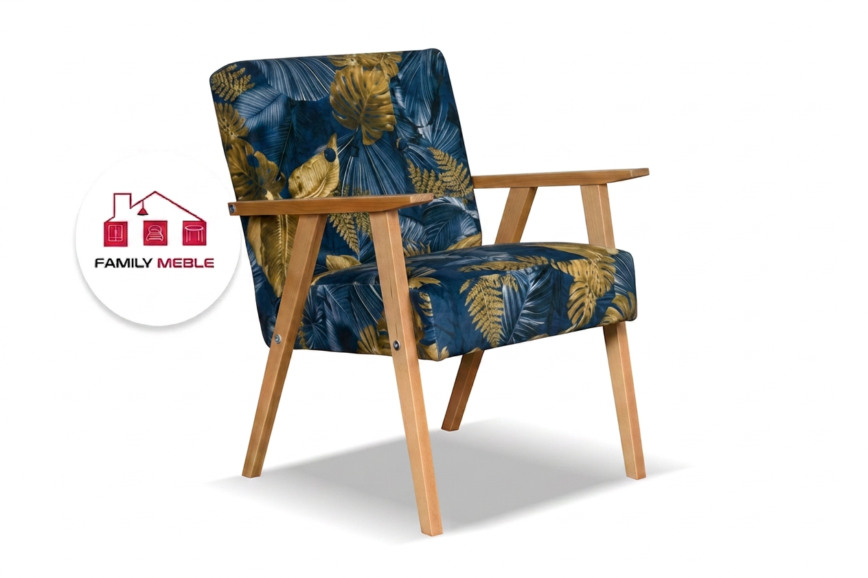 Family Meble — Fotel w stylu PRL retro krzesło vintage welur granatowy Soler Family Meble