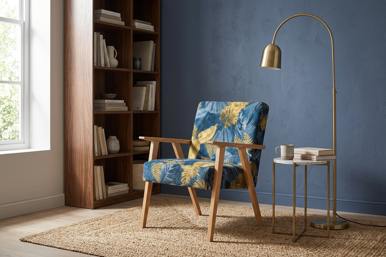 Fotel w stylu PRL retro krzesło vintage welur granatowy Soler Family Meble — komfort