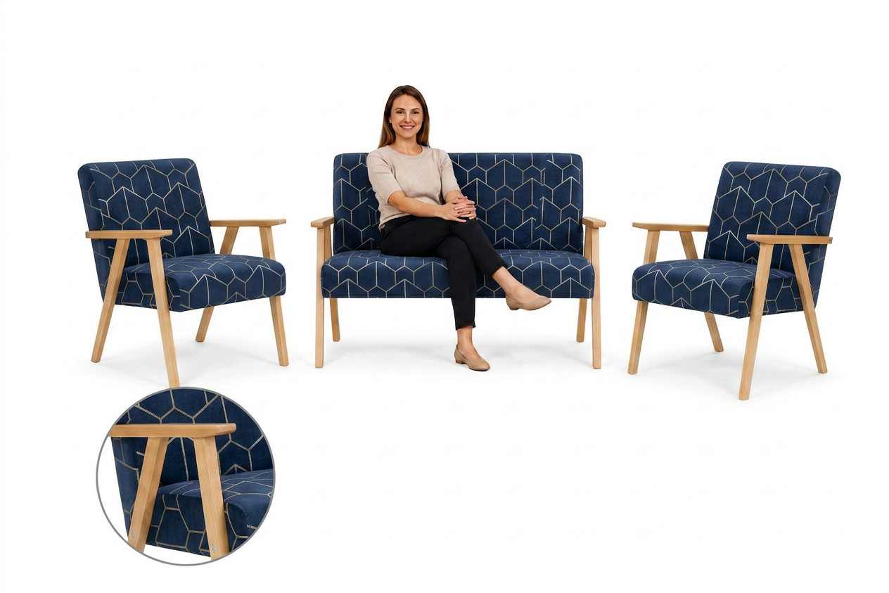 Zestaw wypoczynkowy sofa 2-os 2 fotele retro vintage tapicerowany niebieski – Gabo 2