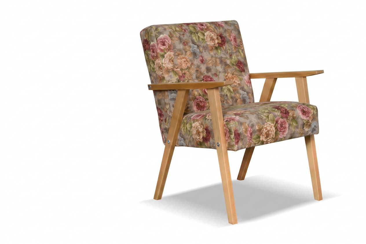 Family Meble — Fotel w stylu PRL retro krzesło vintage różany brązowy Soler Family Meble