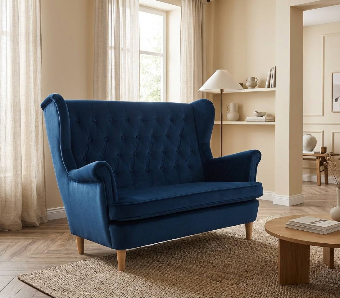 Sofa Kanapa Uszak Skandynawska granat kobaltowa welurowa Diana Family Meble — komfort