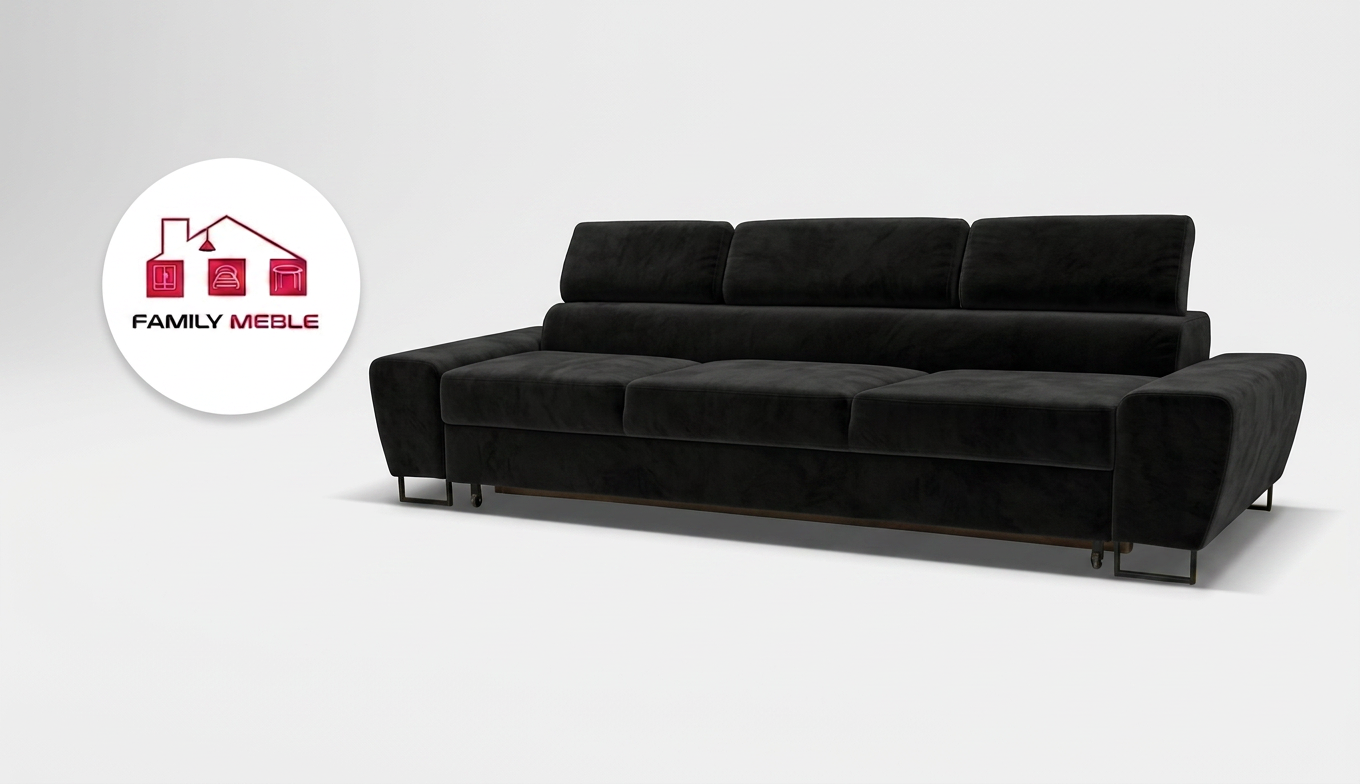 Family Meble — Kanapa sofa rozkładana f spania reg zagłówek welur czarny Savio Family