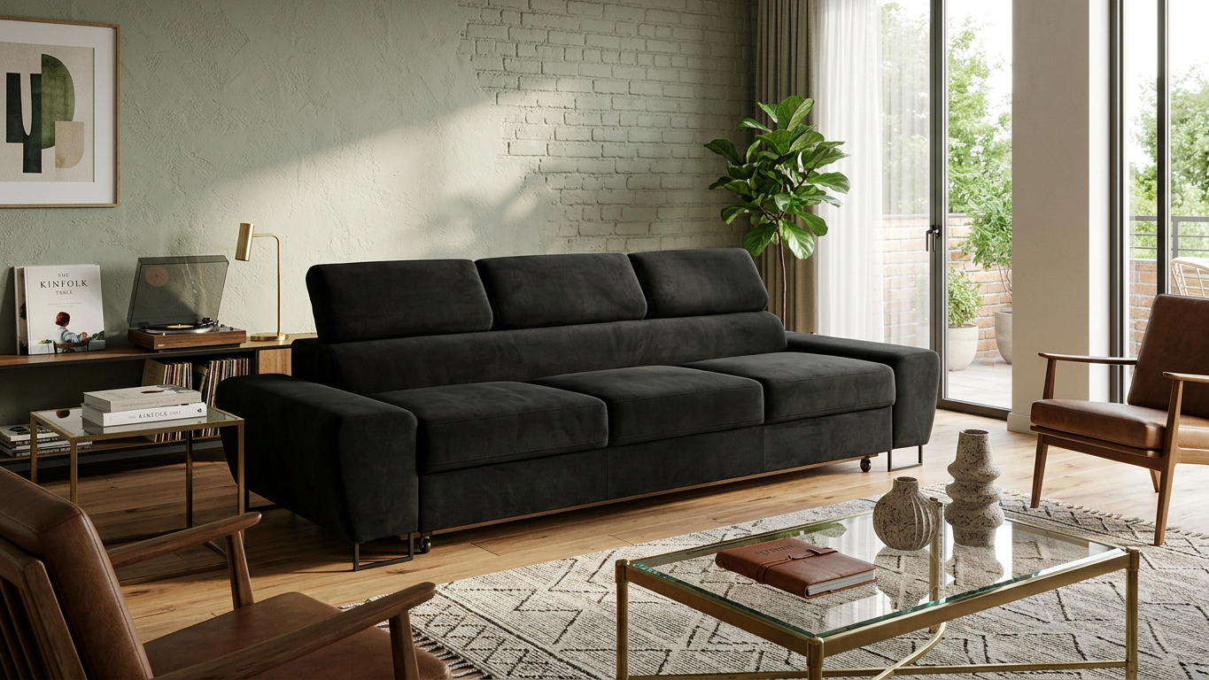 Kanapa sofa rozkładana f spania reg zagłówek welur czarny Savio Family — komfort