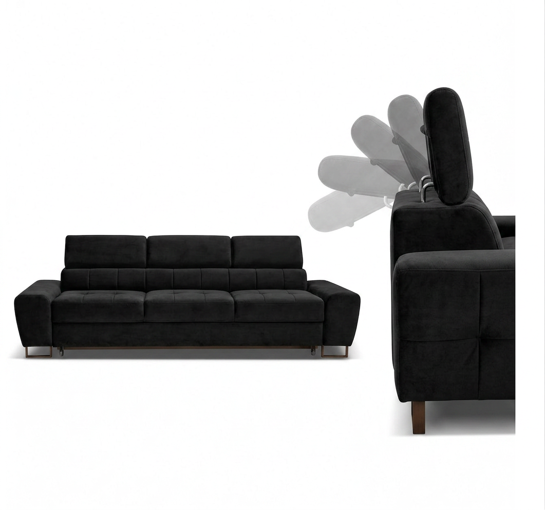 Kanapa sofa rozkładana f spania reg zagłówek welur czarny Savio Family — detale