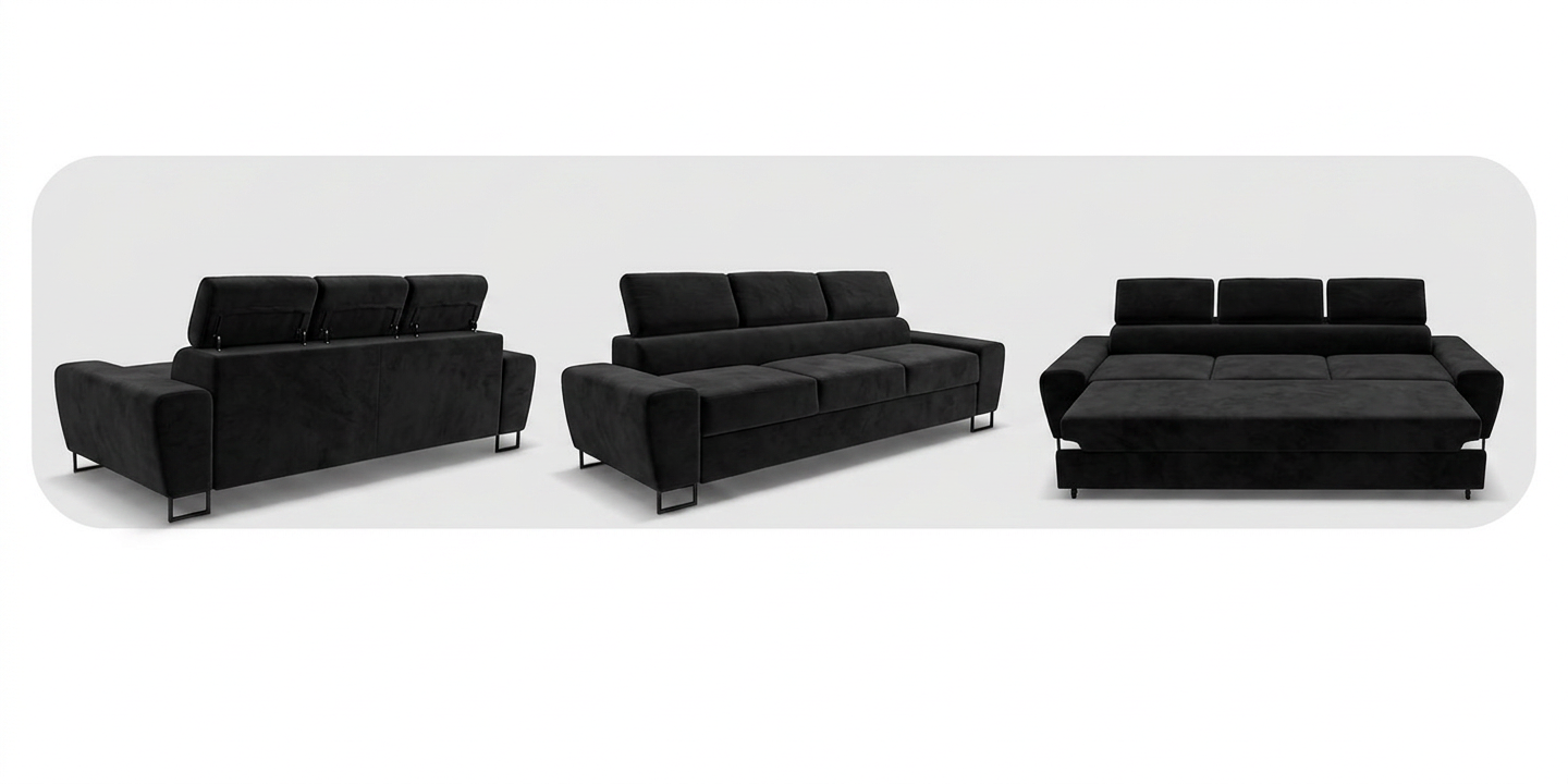 Kanapa sofa rozkładana f spania reg zagłówek welur czarny Savio Family — widoki produktu