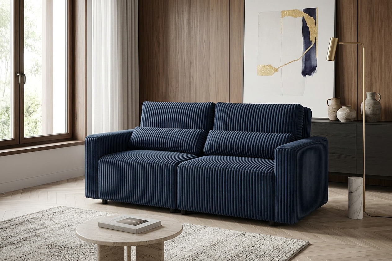 Kanapa 2 os sofa rozkładana spania pojemnik granatowy niebieski Komo Family — komfort