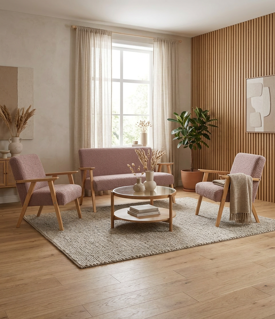 Zestaw wypoczynkowy sofa 2-os 2 fotele retro vintage Boucla pudrowy Soler — komfort