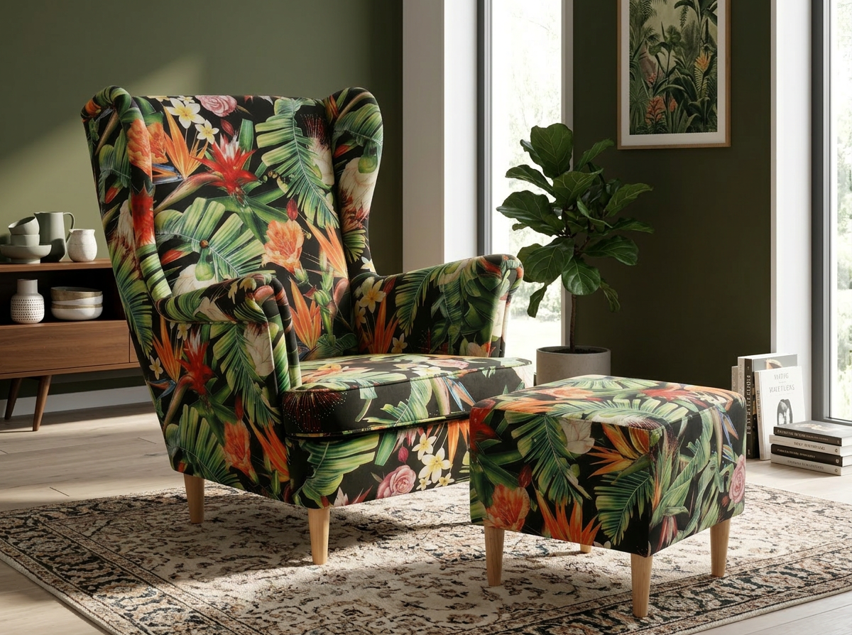 Fotel uszak skandynawski podnóżkiem pufą tiger stylowy Print Family Meble — komfort