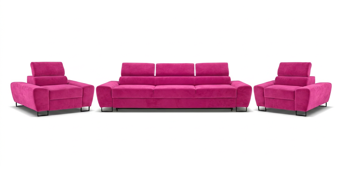 Zestaw wypoczynkowy sofa 3 kanapa fotele różowy fuksja wygodna Savio Family — widoki produktu