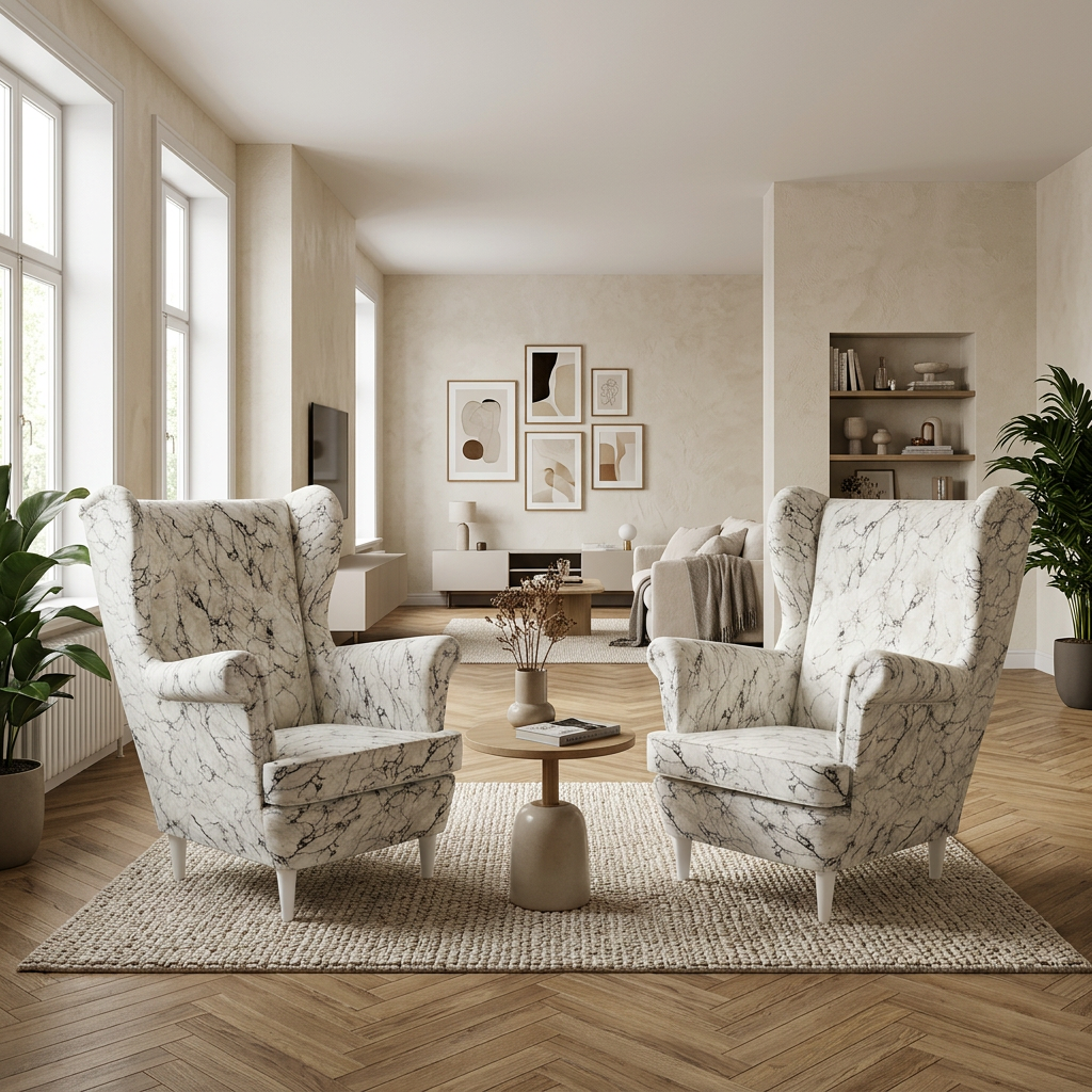 Fotele uszak skandynawskie biały marmur wzór carrara Design Family Meble — komfort