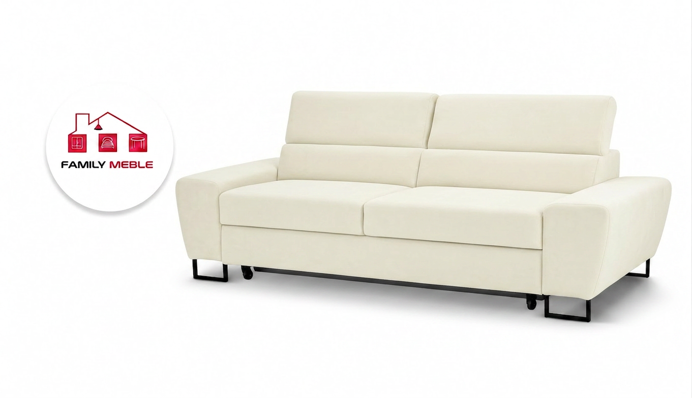 Family Meble — Kanapa sofa rozkładana f spania reg zagłówek welur kremowy Savio 2 os