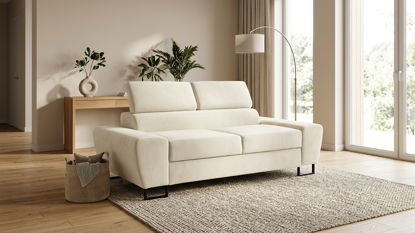 Kanapa sofa rozkładana f spania reg zagłówek welur kremowy Savio 2 os — komfort