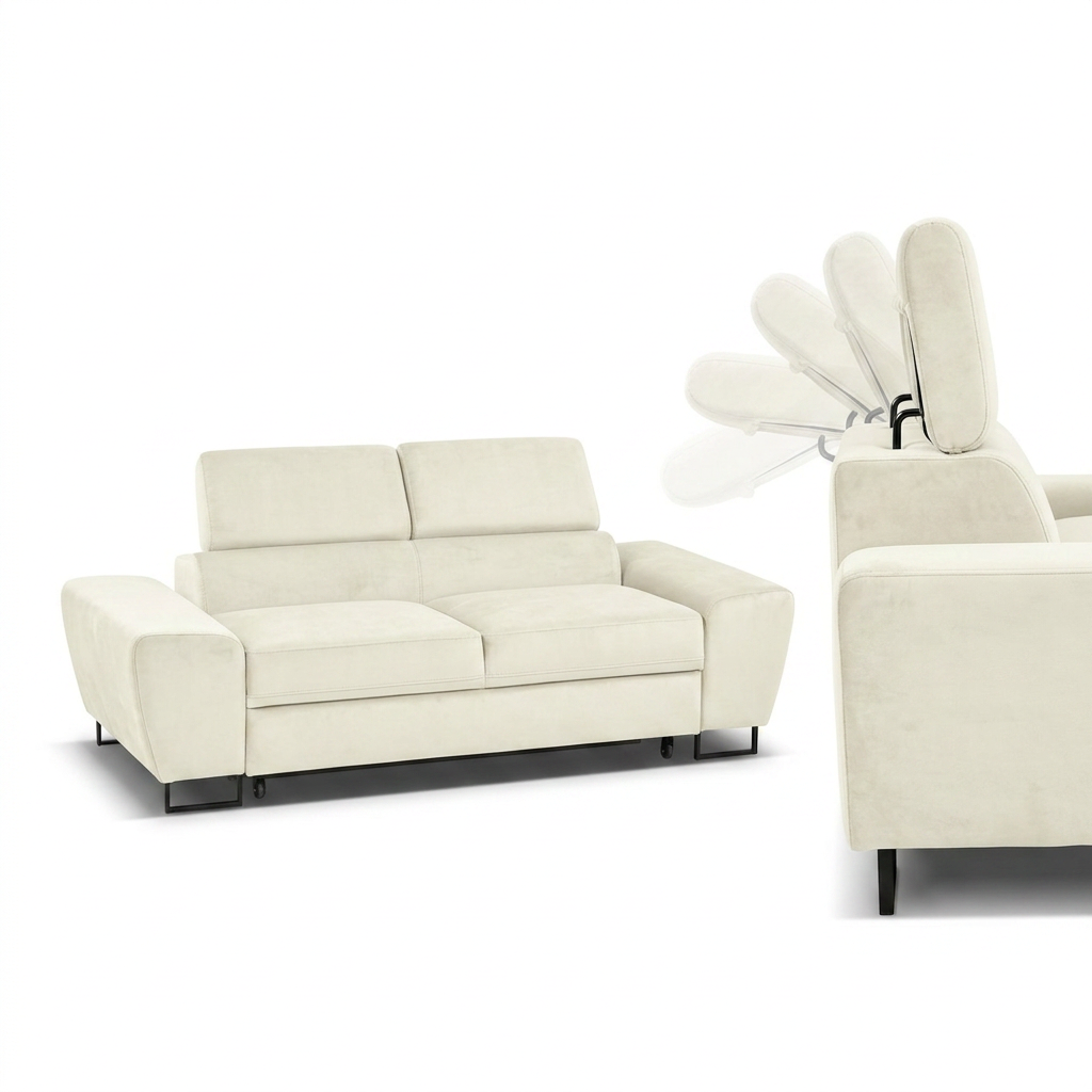 Kanapa sofa rozkładana f spania reg zagłówek welur kremowy Savio 2 os — detale