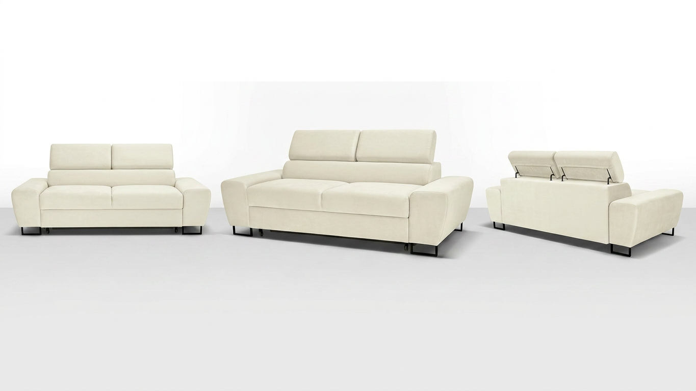 Kanapa sofa rozkładana f spania reg zagłówek welur kremowy Savio 2 os — widoki produktu
