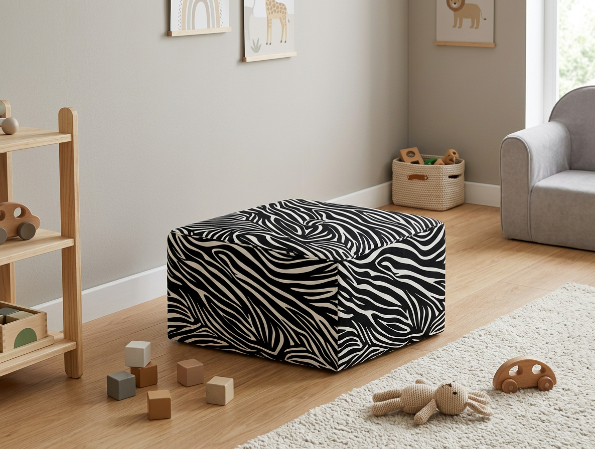 Pufa podnóżek siedzisko kostka czarno biały zebra tapicerowana FAMI Family — komfort