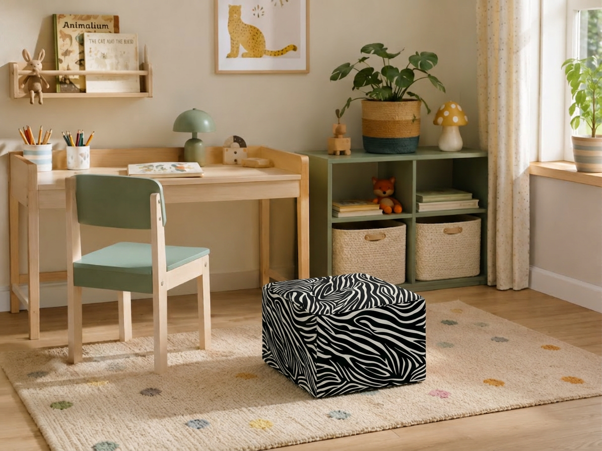 Pufa podnóżek siedzisko kostka czarno biały zebra tapicerowana FAMI Family — detale