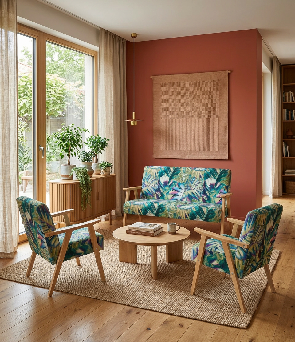 Zestaw wypoczynkowy sofa 2-os 2 fotele retro vintage zielona Soler Family — komfort