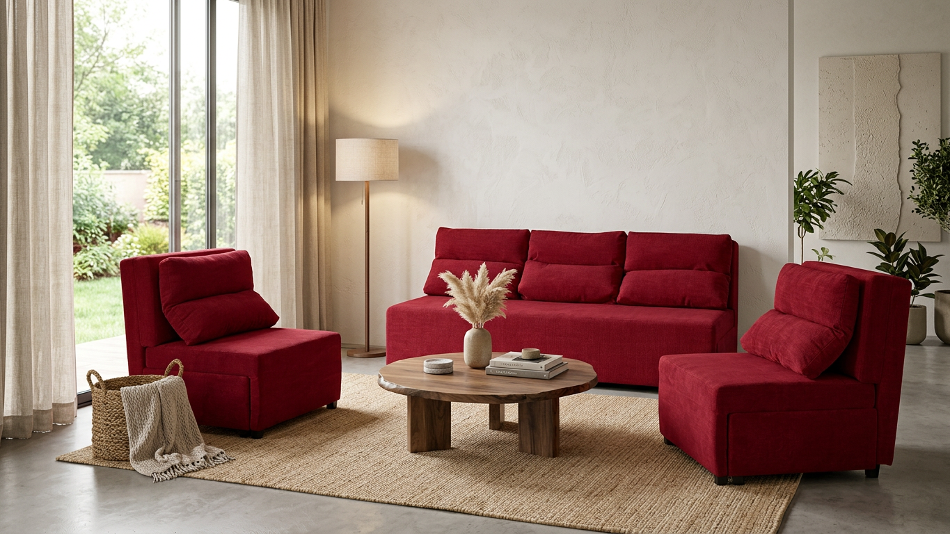Zestaw wypoczynkowy sofa 3 kanapa fotele czerwony welur Kimo Family Meble — komfort