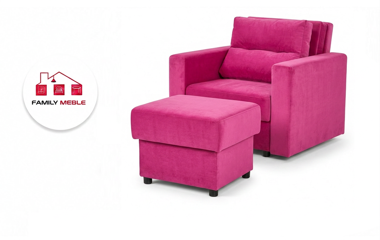 Family Meble — Fotel Komo różowy welur wygodny komfortowy róż fuksja salonu Family Meble