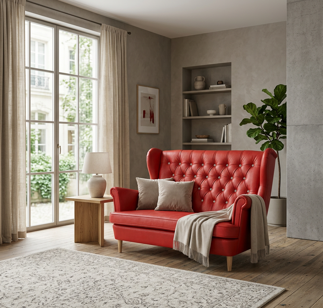 Sofa Kanapa Uszak Skandynawska czerwona glamour ekoskóra Gaja Family Meble — komfort
