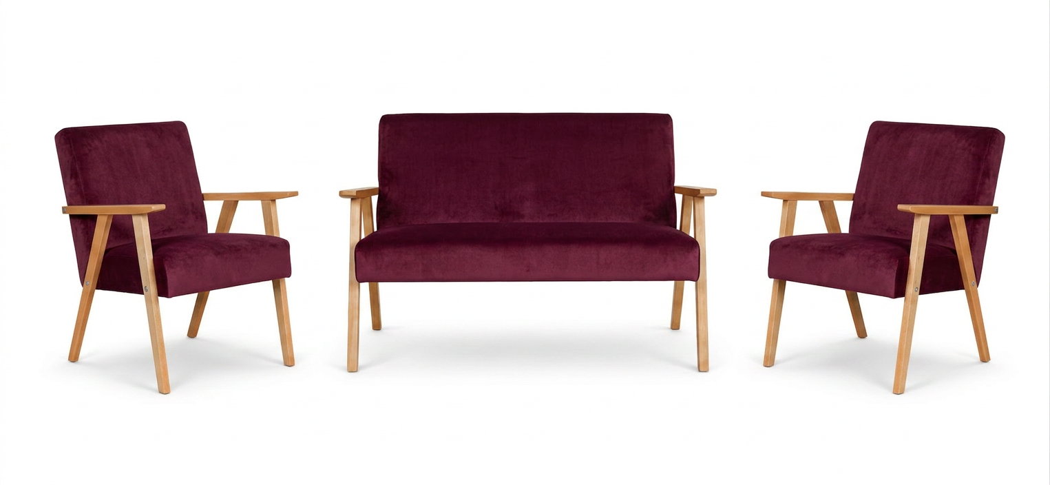 Zestaw wypoczynkowy sofa 2-os 2 fotele burgund welur Soler Family Meble — widoki produktu