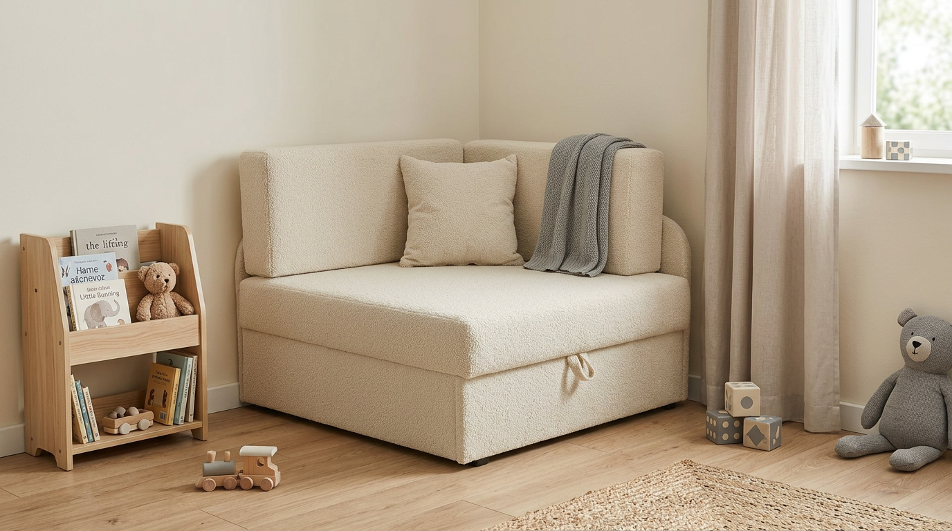 Łóżko dziecięce sofa kanapa rozkładana pojemnik beżowy welur wygodny Denis — komfort