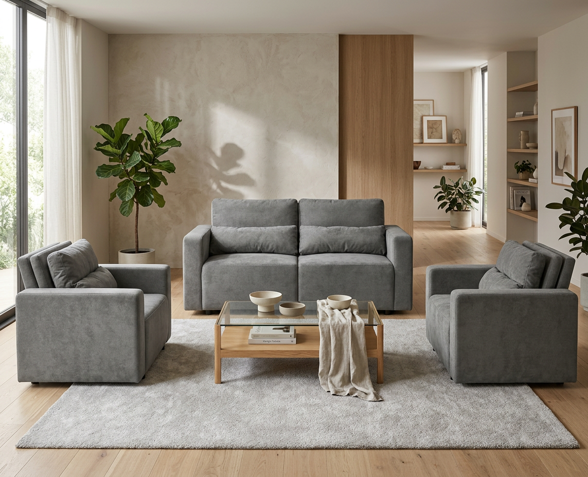 Zestaw wypoczynkowy sofa 2 kanapa fotele szary welur Komo Family meble — komfort