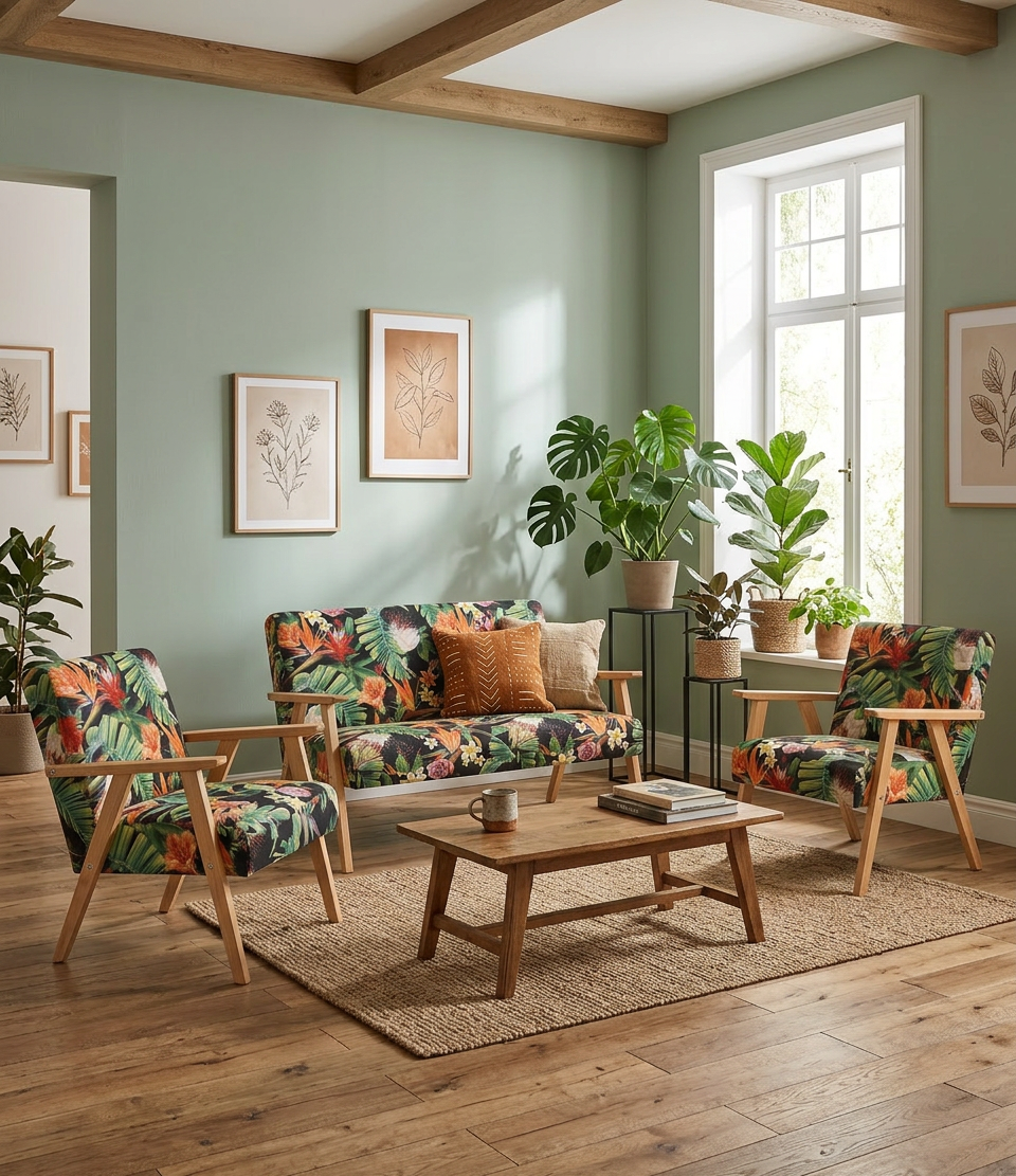 Zestaw wypoczynkowy sofa 2-os 2 fotele retro vintage ciemnozielony Soler — komfort
