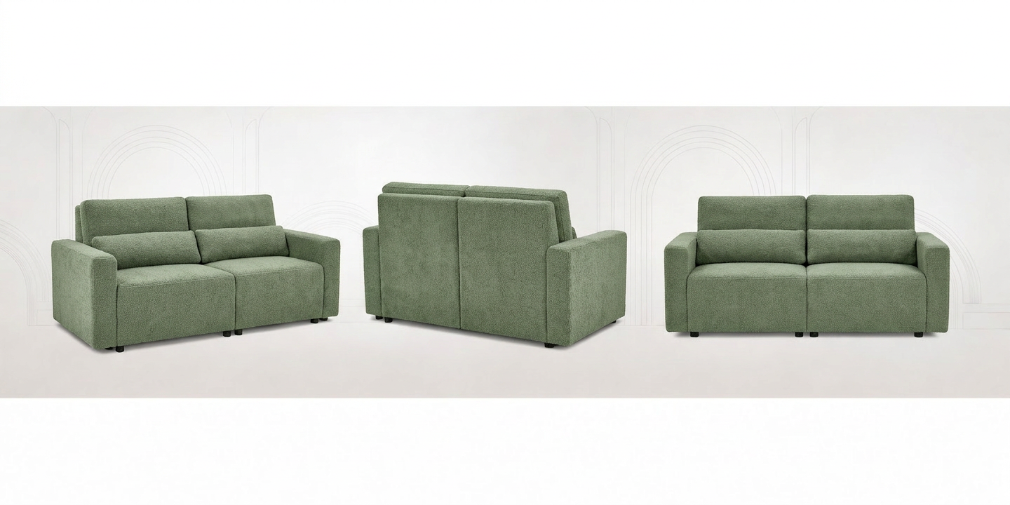 Kanapa 2 os sofa rozkładana spania pojemnik miętowy jasny welur Komo Family — widoki produktu