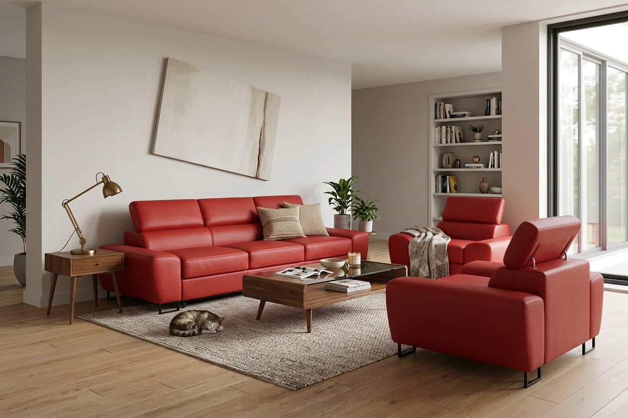 Zestaw wypoczynkowy sofa 3 kanapa fotele czerwony ekoskóra Savio Family — komfort