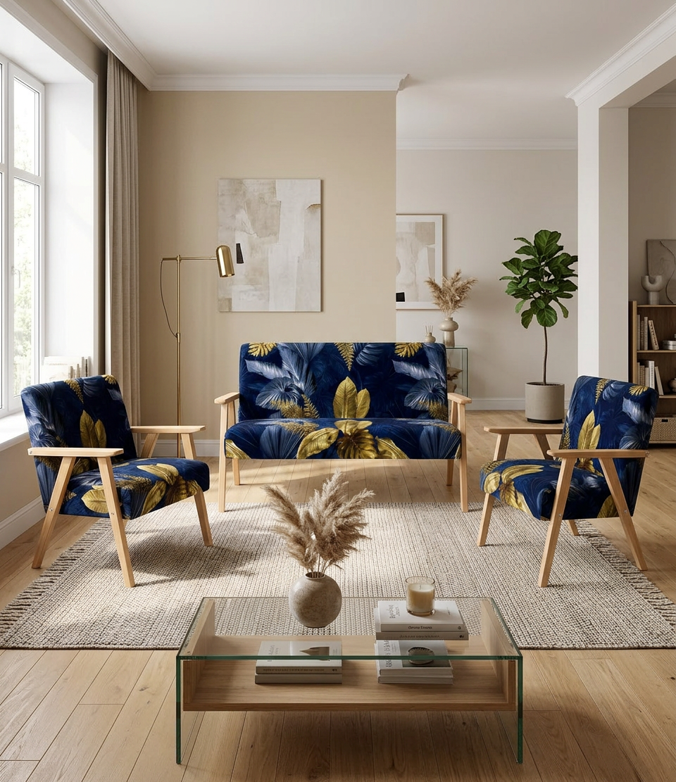 Zestaw wypoczynkowy sofa 2-os 2 fotele welur granatowy Soler Family Meble — komfort