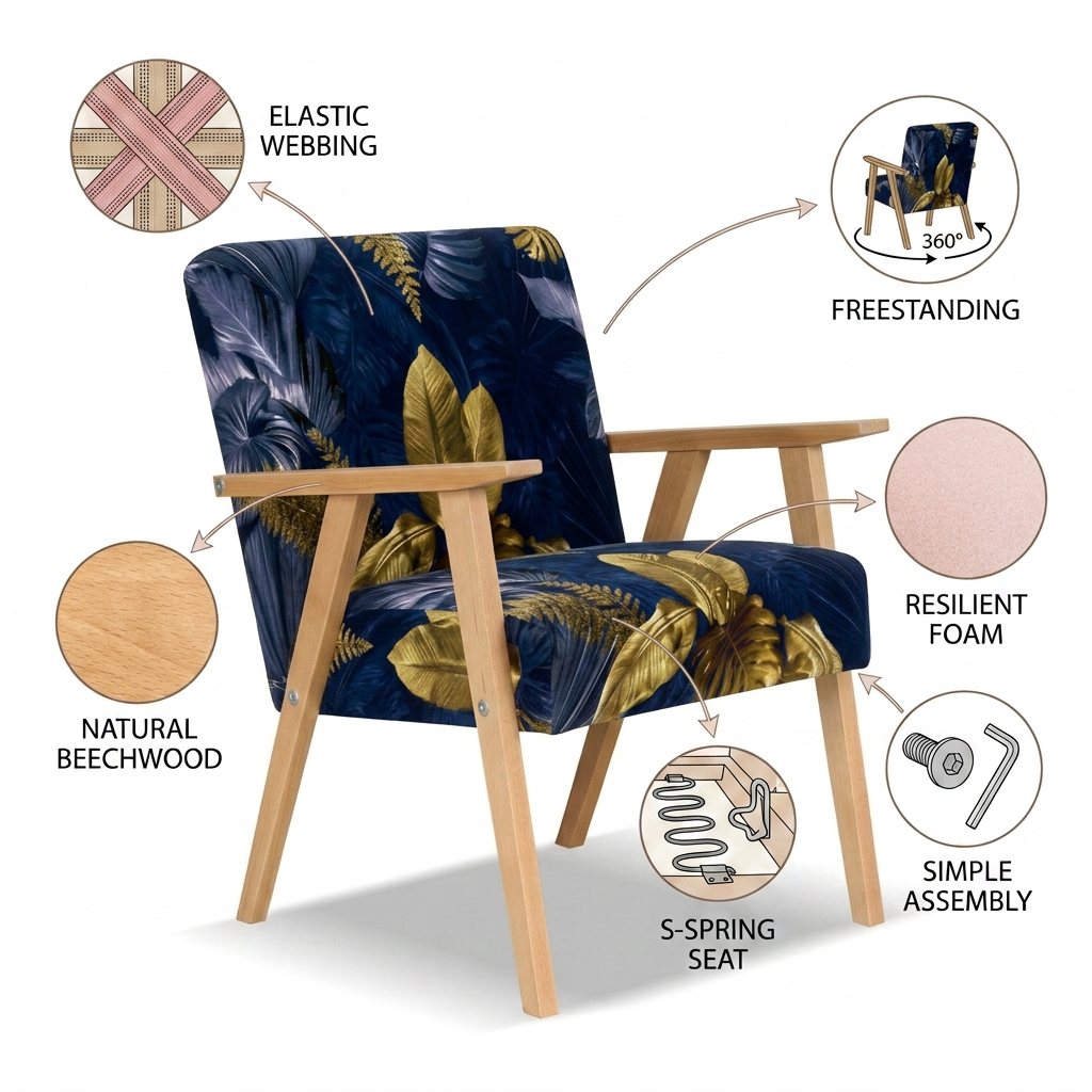 Zestaw wypoczynkowy sofa 2-os 2 fotele welur granatowy Soler Family Meble — detale