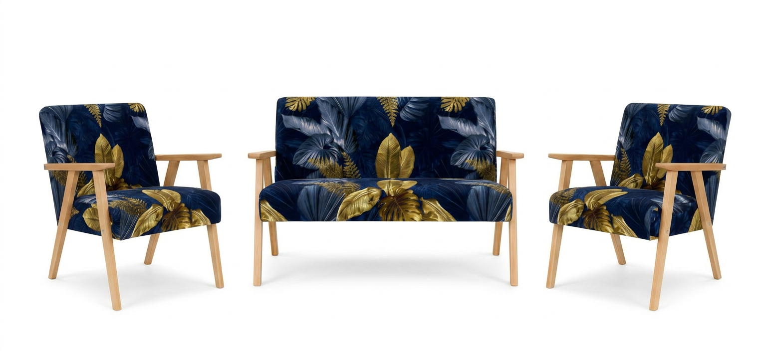 Zestaw wypoczynkowy sofa 2-os 2 fotele welur granatowy Soler Family Meble — widoki produktu