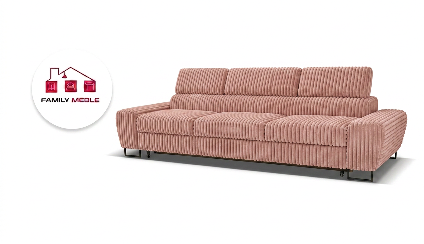 Family Meble — Kanapa sofa rozkładana f spania reg zagłówek sztruks róż Savio 3 os Family