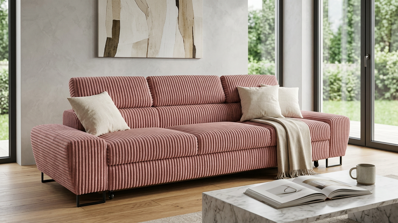 Kanapa sofa rozkładana f spania reg zagłówek sztruks róż Savio 3 os Family — komfort