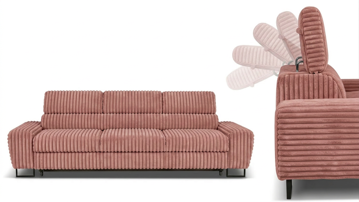 Kanapa sofa rozkładana f spania reg zagłówek sztruks róż Savio 3 os Family — detale