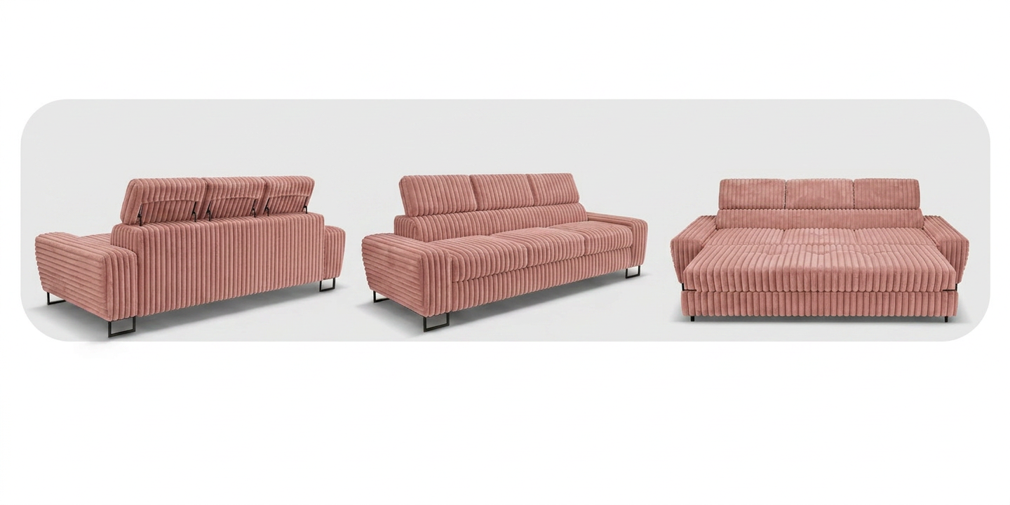 Kanapa sofa rozkładana f spania reg zagłówek sztruks róż Savio 3 os Family — widoki produktu