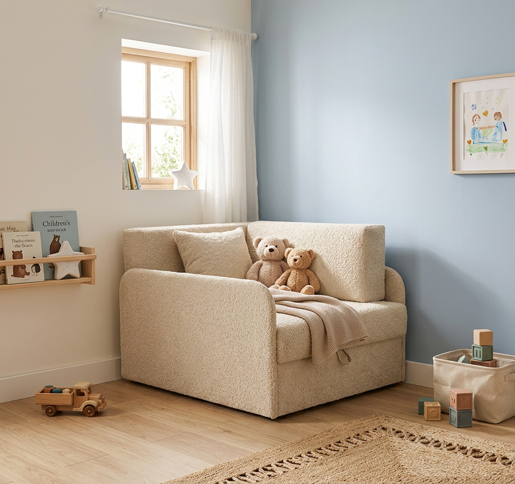 Łóżko dziecięce sofa kanapa rozkładana pojemnik beżowy welur wygodny Denis — komfort