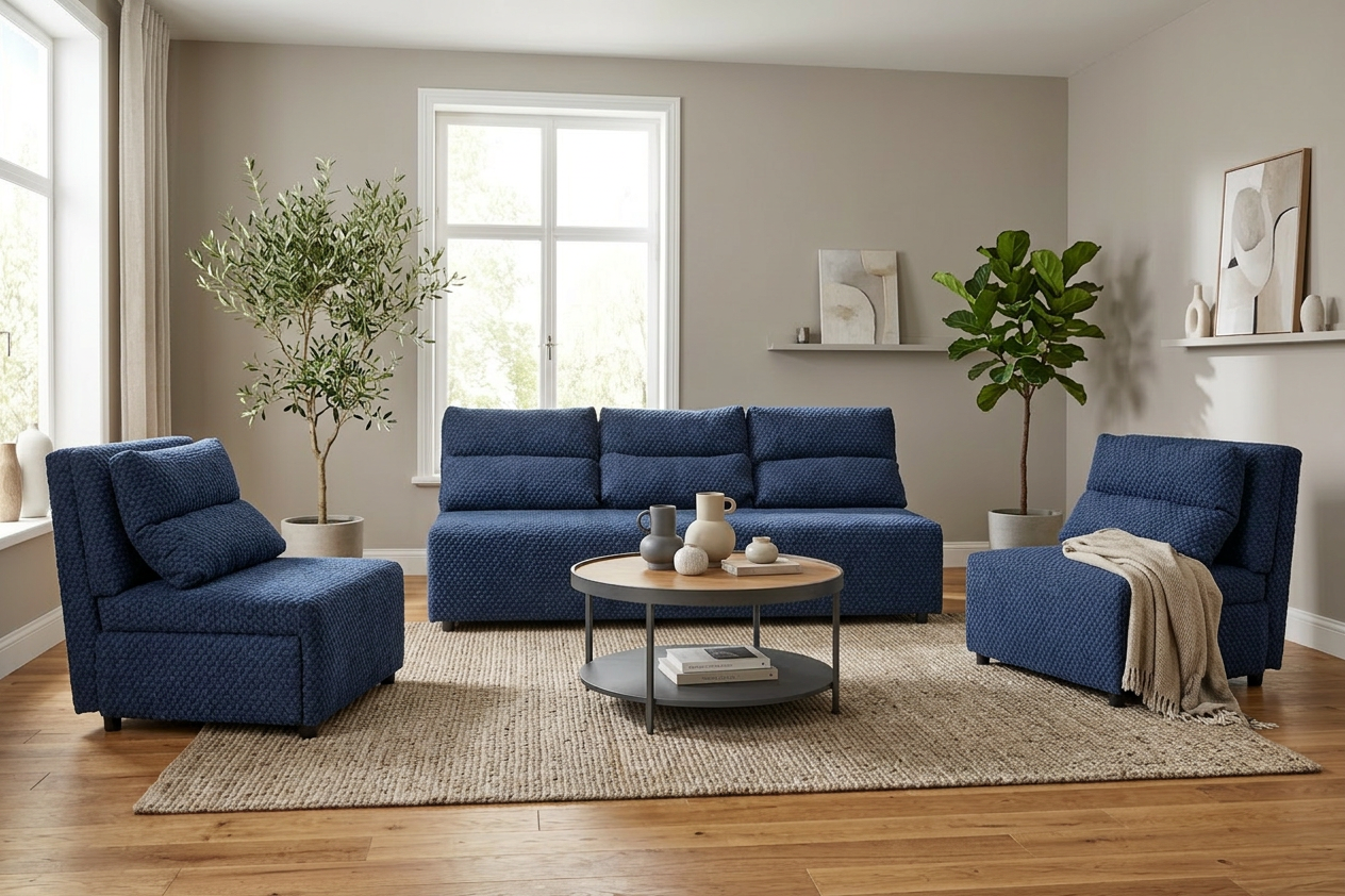 Zestaw wypoczynkowy sofa 3 kanapa fotele granatowy welur boucla KIMO Family — komfort