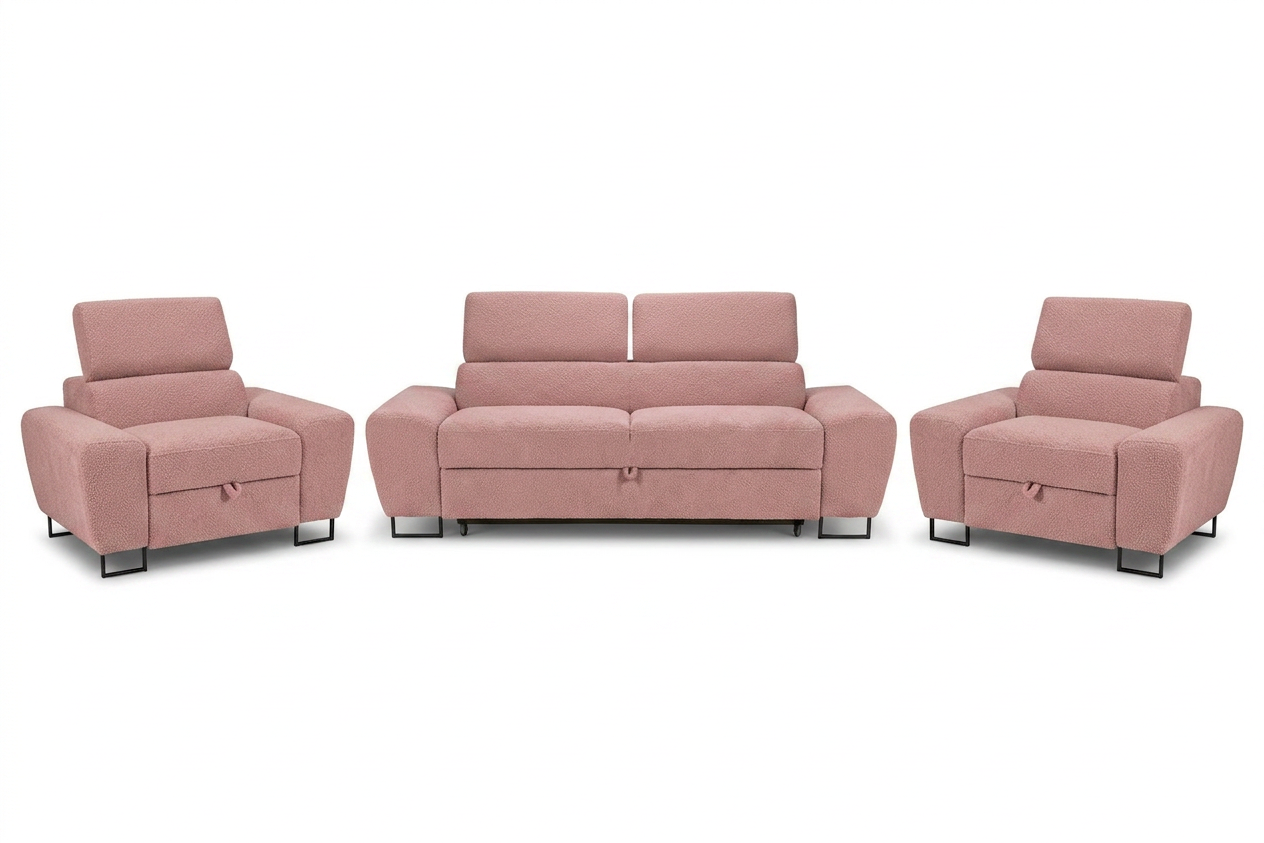 Zestaw wypoczynkowy sofa 2 fotele różowy welur salonu Savio Family Meble — widoki produktu