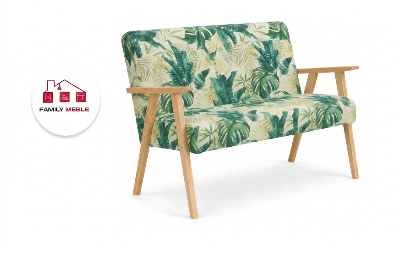 Family Meble — Sofa stylu PRL retro kanapa vintage welur zielony print Soler Family Meble