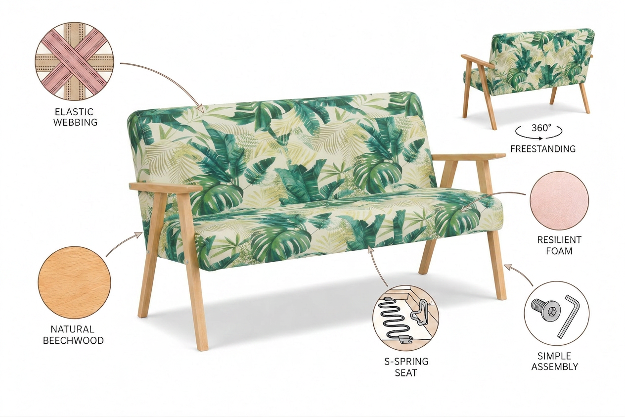 Sofa stylu PRL retro kanapa vintage welur zielony print Soler Family Meble — detale
