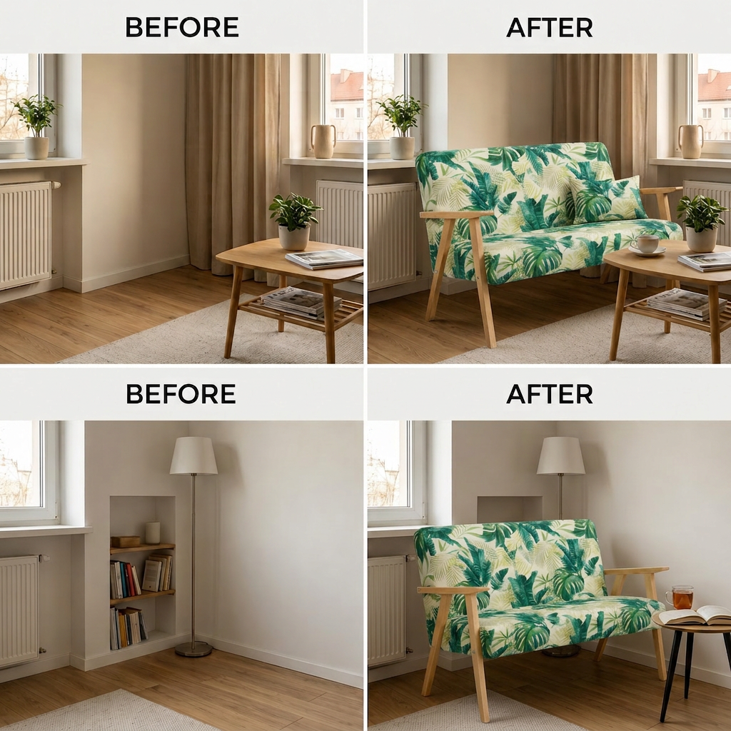Sofa stylu PRL retro kanapa vintage welur zielony print Soler Family Meble — widoki i detale