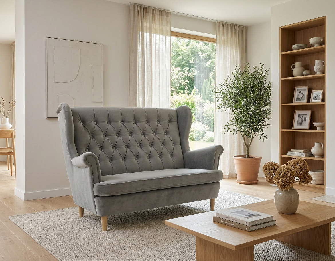 Sofa Kanapa Uszak Skandynawska szara popielata pikowana Gaja Family Meble — komfort