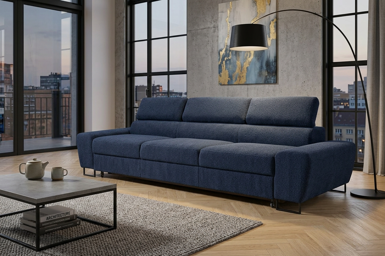Kanapa sofa rozkładana f spania reg zagłówek Boucla granatowy Savio 3 os — komfort