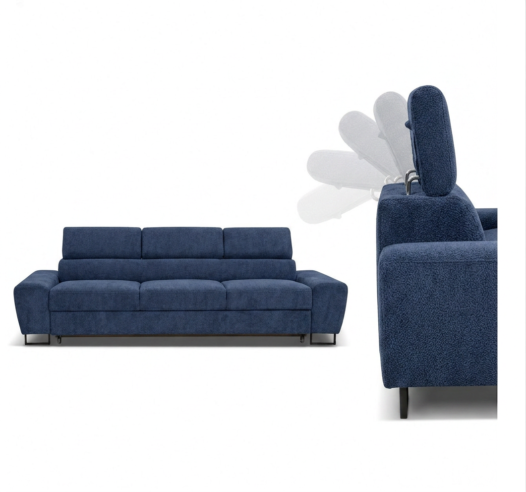 Kanapa sofa rozkładana f spania reg zagłówek Boucla granatowy Savio 3 os — detale